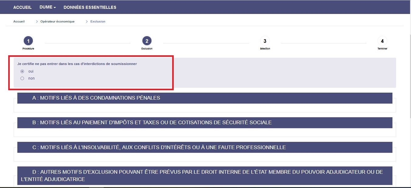 Illustration de la section du DUME dévolue aux interdictions de soumissionner